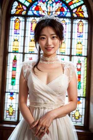 stained glass, church,, "Enchanting gaze, accompanied by a demure posture", , shiho, , ultra detailed, "A bohemian-style wedding dress with whimsical floral embroidery.", happy, smile, 