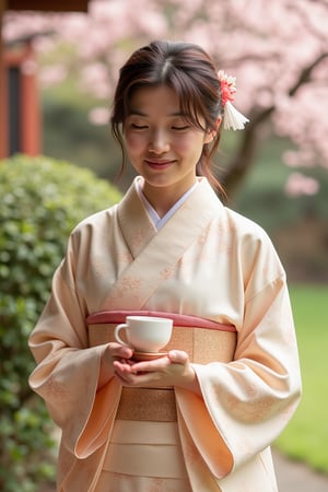 A serene Japanese woman stands against a subtle gradient backdrop, her gentle smile framed by a delicate kimono pattern. Soft morning light dances across her face, casting a warm glow on the intricate folds of her garment. Her hands hold a traditional tea set, as she poses in a tranquil Japanese garden, surrounded by lush greenery and blooming cherry blossoms.