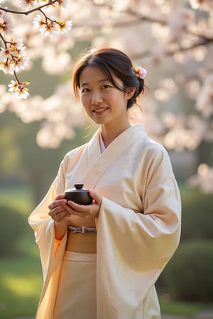 A serene Japanese woman stands against a subtle gradient backdrop, her gentle smile framed by a delicate kimono pattern. Soft morning light dances across her face, casting a warm glow on the intricate folds of her garment. Her hands hold a traditional tea set, as she poses in a tranquil Japanese garden, surrounded by lush greenery and blooming cherry blossoms.