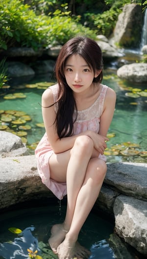 a girl sitting on a rock in the water, fantasy art, beautiful pink little alien girl, soft light misty girl chinon shiho, shy, looking at viewer, reflecting flower, her hands are red roots, magali villeneuve and monet, detailed art in color, little girl, sitting at a pond, timid,1 girl, masterpiece,best quality ,shiho