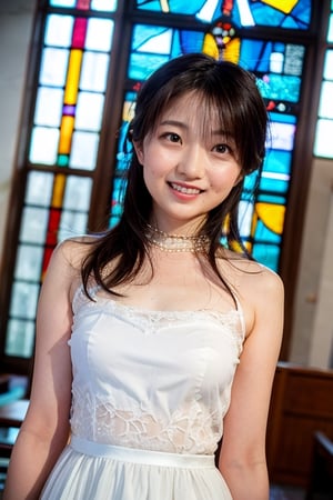 stained glass, church,, "Enchanting gaze, accompanied by a demure posture", , shiho, , ultra detailed, "A bohemian-style wedding dress with whimsical floral embroidery.", happy, smile, 