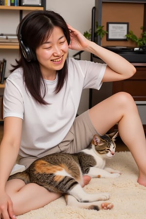 "A young woman relaxing at home, wearing casual clothes and listening to music through headphones. She is sitting cross-legged on a plush rug with her eyes closed, smiling gently. Her calico cat is lounging nearby. The background shows a record player and a shelf with books and plants, giving a warm and nostalgic feeling.", shiho,