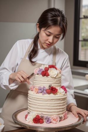 Photorealistic image of a female pastry chef crafting a beautiful cake, professional kitchen, natural lighting, detailed decorations, elegant uniform, vibrant colors, focused expression, Canon EOS R5, precise details, high-end pastry, commercial appeal.　,shiho