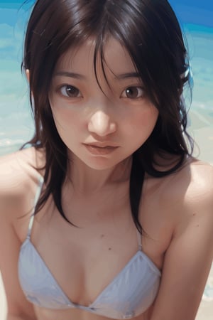 masterpiece, best quality, shiho, 1girl, animated hair blow by wind, roat camera around, seductive face, white bikini, beach, ocean, shy, looking at camera 