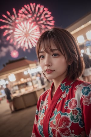 Photorealistic image of a woman in a colorful yukata enjoying a summer festival, night stalls around her, vibrant fireworks lighting up the sky, joyful expression, festive atmosphere, warm lighting, detailed textures, Canon EOS R5, lively colors, commercial appeal., mikas,
,
, mikas