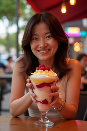 Hyperrealistic portrait of a stylish woman at an open café, enjoying a beautifully crafted parfait, (8k resolution:1.2), (photorealistic:1.3), (ultra-detailed:1.2), soft natural lighting, flawless skin with a natural makeup look, shoulder-length hair styled casually, wearing a chic and casual outfit, seated at an outdoor café table, surrounded by a relaxed urban environment, vibrant colors in the parfait with layers of fruit and cream, shallow depth of field, shot on Canon EOS R5 with 85mm f/1.4 lens, lifestyle editorial style, relaxed and cozy atmosphere, professional retouching, detailed textures, warm and inviting color palette, perfect composition, joyful and serene expression, commercial appeal.

This prompt creates a warm and inviting café scene, perfect for lifestyle or food-related visuals.
This prompt captures the lively, high-energy atmosphere of a night pool party with neon lighting, ideal for fashion or event promotions.,shiho