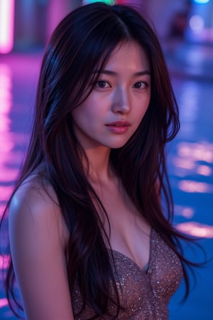 Hyperrealistic portrait of a glamorous Japanese woman at a night pool party, (8k resolution:1.2), (photorealistic:1.3), (ultra-detailed:1.2), striking facial features, glowing and smooth skin, vibrant makeup with bold colors, long sleek black hair styled elegantly, wearing a chic party outfit with shimmering details, surrounded by neon lights reflecting off the water, illuminated by colorful spotlights, night-time setting, cool blue and purple tones, shot on a high-end camera like Canon EOS R5 with a 50mm f/1.2 lens, fashion editorial style, dynamic composition, perfect lighting balance, water reflections, party atmosphere, retouched to magazine quality, high-end production, vibrant neon aesthetics, captivating and confident expression.

This prompt captures the lively, high-energy atmosphere of a night pool party with neon lighting, ideal for fashion or event promotions.