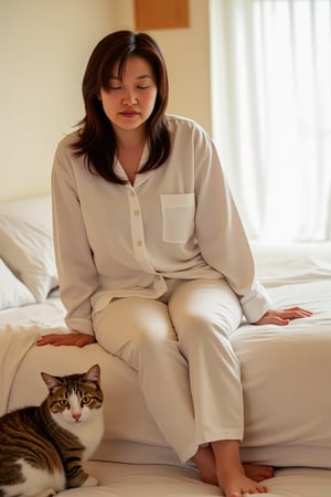 "A young woman in her twenties, just waking up in the morning. She is sitting on the edge of her bed, wearing comfortable pajamas. Her cat, a calico, is sitting beside her. The room is cozy, with soft morning light entering through the curtains, giving a peaceful and intimate vibe.", shiho,