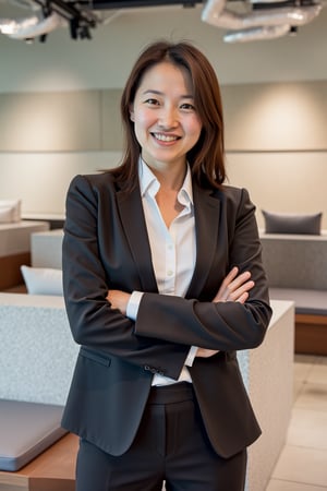 A stunning woman stands confidently in a modern office setting, her slender figure clad in a tailored business suit, its crisp white shirt and dark trousers accentuating her curves. Soft overhead lighting casts a warm glow on her smooth features, highlighting her bright smile as she gazes directly at the camera.,shiho