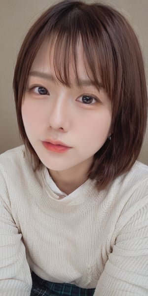 1girl, solo, looking at viewer, short hair, bangs, brown hair, closed mouth, black eyes, sweater, lips, realistic,mikas