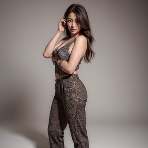 Photorealistic image of a female model in a professional photo studio, stylish outfit, studio lighting, neutral backdrop, dynamic pose, Canon EOS R5, sharp focus, high-fashion vibe, detailed textures, magazine quality, commercial appeal.,shiho