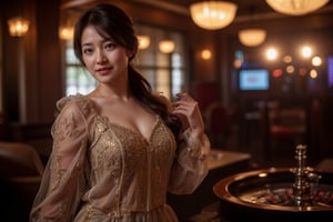 Photorealistic portrait of a glamorous Japanese woman in an elegant dress at a casino, standing by a roulette table, soft dramatic lighting, luxurious atmosphere, Canon EOS R5, high-end fashion, confident expression, rich colors, detailed textures, commercial appeal.,shiho