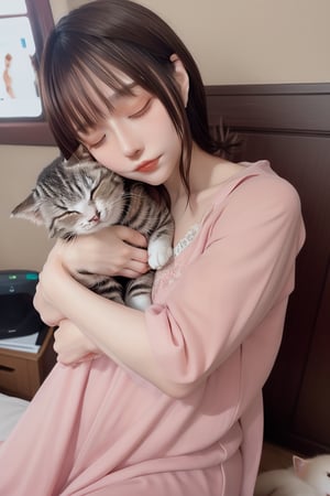 mikas
A beautiful lady in a nightgown who loves her pet cat and always sleeps with it is happily sleeping while hugging the cat.