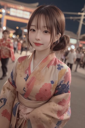 (night) , sfw , ((solo)) realistic photo of a woman, yukata, Lively festival atmosphere, bustling crowd, energetic woman wearing vibrant festival happi, shouting traditional chants, carrying heavy mikoshi shrine on shoulders with other participants, determined expression on face, sweat glistening on forehead, colorful decorations adorning mikoshi, rhythmic drumbeats and flute music in the background, sense of unity and excitement. (fireworks on the sky) smile for camera, bokeh, professional lighting,, Visually appealing composition, vibrant colors, soft lighting, interesting textures, unique perspective, sense of depth, balanced negative space., [:"Almost impassive, lips comfortably apart. Eyes faintly squinted, holding a secret. Cheeks with a hint of warmth.":0.3] mikas,
