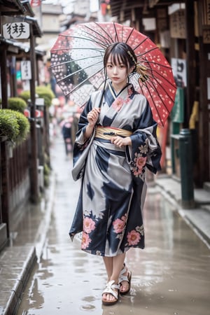 kimono, rain, oiled paper umbrella, mikas, 
A graceful woman in a vibrant kimono strolls along a rain-slicked cobblestone street in Kyoto. The soft pitter-patter of raindrops on her oiled paper umbrella creates a soothing melody as she navigates the historic Gion district. The vibrant colors of her kimono, adorned with intricate floral patterns, stand out against the muted tones of the traditional wooden machiya houses. Her geta sandals click rhythmically against the wet stones, while her hair, neatly styled in a traditional updo, remains perfectly in place beneath the shelter of the umbrella. The scene is a harmonious blend of tradition and elegance, capturing the timeless beauty of Kyoto in the rain.,mikas,hand holding umbrella