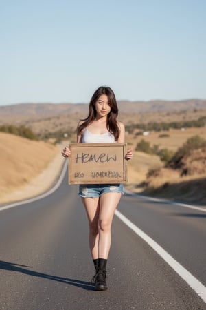 Photorealistic image of a female hitchhiker standing by the road, holding a sign reading "Heaven," casual outfit, natural lighting, wide-open road, warm tones, serene expression, Canon EOS R5, detailed textures, expansive sky, journey theme, commercial appeal.,shiho