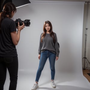 Photorealistic image of a female model posing in a professional photo studio, photographer capturing the scene, studio lighting, stylish outfit, Canon EOS R5, detailed textures, modern setup, dynamic composition, sharp focus, commercial appeal.,shiho