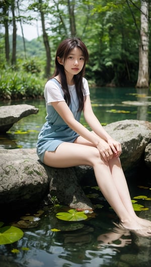 a girl sitting on a rock in the water, fantasy art, beautiful pink little alien girl, soft light misty girl chinon shiho, shy, looking at viewer, reflecting flower, her hands are red roots, magali villeneuve and monet, detailed art in color, little girl, sitting at a pond, timid,1 girl, masterpiece,best quality ,shiho