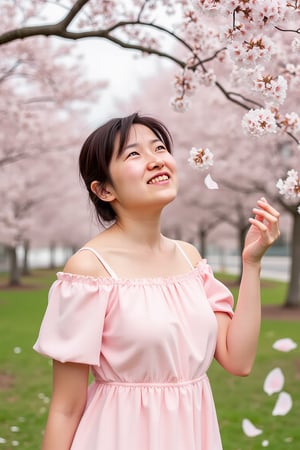 "A 27-year-old woman standing beneath cherry blossom trees, wearing a light pink dress that matches the blossoms. She looks up with a bright smile, gently touching the flowers. The petals are falling around her, creating a soft, romantic spring atmosphere. The background is filled with other cherry blossom trees, giving a vibrant yet gentle feeling.", shiho,