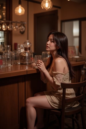 Photorealistic image of a woman enjoying a drink at a classic bar counter, warm ambient lighting, elegant outfit, vintage decor, rich wood textures, soft shadows, Canon EOS R5, relaxed expression, cozy atmosphere, detailed textures, commercial appeal.,shiho