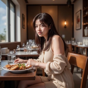 Photorealistic image of a woman dining at a modern, casual designer restaurant, stylish interior, natural lighting, chic outfit, vibrant dishes, relaxed atmosphere, Canon EOS R5, detailed textures, contemporary decor, warm tones, commercial appeal.,shiho