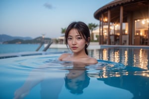 Photorealistic image of a young Japanese woman in an infinity pool, clear blue sky, panoramic view, natural lighting, serene expression, vibrant colors, water reflections, wide-angle shot, Canon EOS R5, luxurious atmosphere, detailed textures, commercial appeal.

This prompt creates a warm and inviting café scene, perfect for lifestyle or food-related visuals.
This prompt captures the lively, high-energy atmosphere of a night pool party with neon lighting, ideal for fashion or event promotions.,shiho