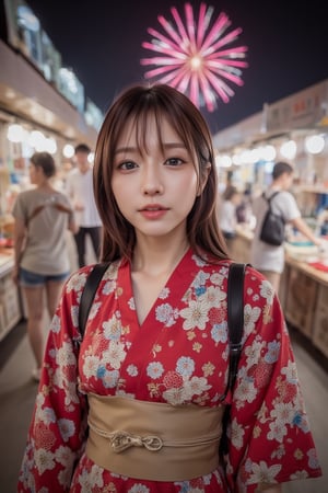 Photorealistic image of a woman in a colorful yukata enjoying a summer festival, night stalls around her, vibrant fireworks lighting up the sky, joyful expression, festive atmosphere, warm lighting, detailed textures, Canon EOS R5, lively colors, commercial appeal., mikas,
,
, mikas