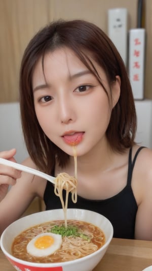 A woman eating ramen while sweating on a hot summer day