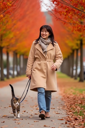 "A young woman, 27 years old, walking along a path lined with trees in full autumn colors. She is wearing a cozy beige coat and a scarf, smiling softly as she looks at the red and orange leaves. Her calico cat is walking beside her on a leash, with fallen leaves scattered on the ground. The atmosphere is warm and picturesque, capturing the beauty of the fall season.", shiho,