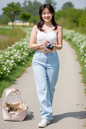 "A young woman, 27 years old, on a weekend stroll, taking photos of her surroundings. She wears a casual outfit with a small camera in her hands. Her calico cat is resting in a soft pet carrier. The setting is a scenic pathway lined with blooming flowers, and the atmosphere is bright and cheerful.", shiho,