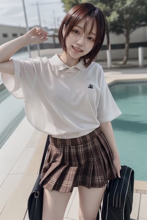 A close-up shot of Mikas standing outdoors in a bright, sunny day. Her short, blunt bangs frame her smiling face with open mouth, brown hair blowing gently in the breeze. She wears a white shirt with short sleeves, paired with a pleated plaid skirt and white panties. Her bare feet are blurry, but visible toes peek out from beneath the skirt's hem. A black school bag slung over her shoulder adds to the realistic school uniform. Water splashes in the background as Mikas' legs spread apart, kicking off her shoes, revealing the soles and panty shot.,photorealistic