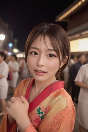 (night) , sfw , ((solo)) realistic photo of a woman, yukata, Lively festival atmosphere, bustling crowd, energetic woman wearing vibrant festival happi, shouting traditional chants, carrying heavy mikoshi shrine on shoulders with other participants, determined expression on face, sweat glistening on forehead, colorful decorations adorning mikoshi, rhythmic drumbeats and flute music in the background, sense of unity and excitement. (fireworks on the sky) smile for camera, bokeh, professional lighting,, Visually appealing composition, vibrant colors, soft lighting, interesting textures, unique perspective, sense of depth, balanced negative space., [:"Almost impassive, lips comfortably apart. Eyes faintly squinted, holding a secret. Cheeks with a hint of warmth.":0.3] mikas,
