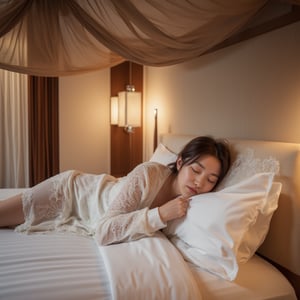 Photorealistic image of a woman lying on a luxurious canopy bed in a high-end hotel, elegant bedding, soft lighting, relaxed pose, serene expression, detailed textures, warm tones, Canon EOS R5, cozy atmosphere, refined decor, commercial appeal.,shiho