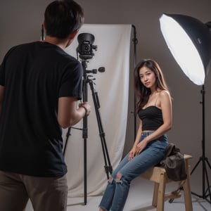 Photorealistic image of a female model posing in a professional photo studio, photographer capturing the scene, studio lighting, stylish outfit, Canon EOS R5, detailed textures, modern setup, dynamic composition, sharp focus, commercial appeal.,shiho