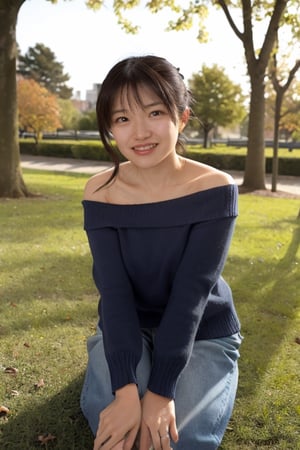 1girl, solo, ayumi
off shoulder sweater, casual cloth
in park,
smile for camera,
