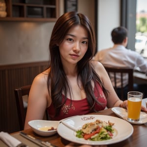 Photorealistic image of a woman dining at a modern, casual designer restaurant, stylish interior, natural lighting, chic outfit, vibrant dishes, relaxed atmosphere, Canon EOS R5, detailed textures, contemporary decor, warm tones, commercial appeal.,shiho