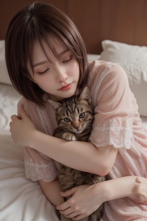 Mikas' serene slumber: A gentle woman dons a flowing nightgown, softly cradling her beloved feline companion as she drifts off to sleep. The tender hug between mistress and cat is captured in warm, golden lighting, with a subtle focus on the delicate details of their intertwined limbs.
