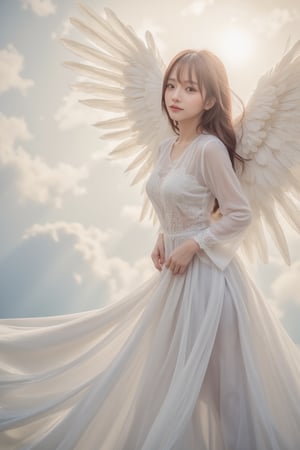 Photorealistic image of a beautiful female angel with twelve wings descending from the sky, radiant light shining behind her, gentle smile on her face, ethereal atmosphere, flowing robes, soft lighting, detailed textures, Canon EOS R5, serene and divine presence, commercial appeal, mikas