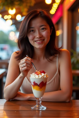 Hyperrealistic portrait of a stylish woman at an open café, enjoying a beautifully crafted parfait, (8k resolution:1.2), (photorealistic:1.3), (ultra-detailed:1.2), soft natural lighting, flawless skin with a natural makeup look, shoulder-length hair styled casually, wearing a chic and casual outfit, seated at an outdoor café table, surrounded by a relaxed urban environment, vibrant colors in the parfait with layers of fruit and cream, shallow depth of field, shot on Canon EOS R5 with 85mm f/1.4 lens, lifestyle editorial style, relaxed and cozy atmosphere, professional retouching, detailed textures, warm and inviting color palette, perfect composition, joyful and serene expression, commercial appeal.

This prompt creates a warm and inviting café scene, perfect for lifestyle or food-related visuals.
This prompt captures the lively, high-energy atmosphere of a night pool party with neon lighting, ideal for fashion or event promotions.,shiho