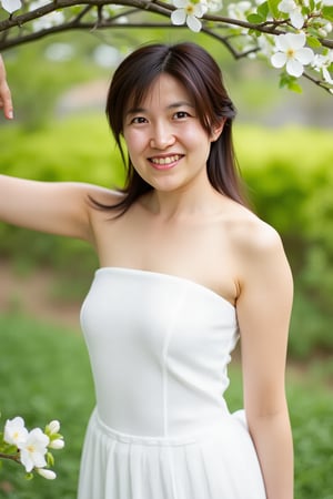 "A young woman, 27 years old, wearing a dressy, elegant white dress. She stands in a natural outdoor setting, surrounded by blooming flowers and soft greenery. Her expression is gentle, with a serene smile. The sunlight filters through the leaves, casting a warm, soft glow around her, emphasizing her graceful and pure appearance in the natural environment.", shiho,