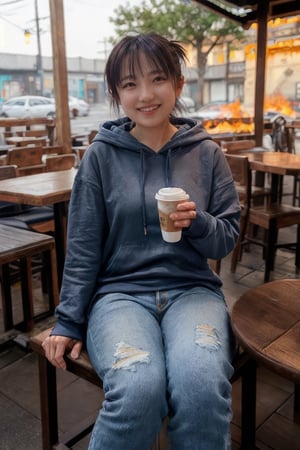 realistic photo of a woman, mikas
ultra detailed, 8k, hdr,
smile,
A woman is sitting at an open cafe on the side of a road in town, drinking coffee while feeling the light of the fire and the breeze.
Wearing distressed jeans and a hoodie