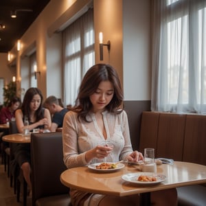 Photorealistic image of a woman dining at a modern, casual designer restaurant, stylish interior, natural lighting, chic outfit, vibrant dishes, relaxed atmosphere, Canon EOS R5, detailed textures, contemporary decor, warm tones, commercial appeal.,shiho