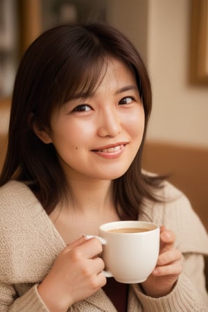 "Capture a woman holding a cup of coffee or tea with a warm smile, savoring the aroma and warmth of the beverage. Frame the shot from a close-up angle, focusing on her face and the cup. She can have a content expression and a relaxed gaze, wearing a comfortable outfit that suits the cafe atmosphere. The background can be a cozy cafe with warm lighting and soft music playing.", mikas