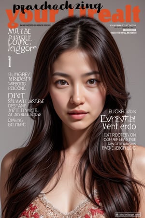 Photorealistic cover image for a men's magazine, featuring a beautiful woman posing confidently, stylish outfit, studio lighting, sharp focus, vibrant colors, Canon EOS R5, high-fashion appeal, detailed textures, commercial appeal, magazine cover design.,shiho