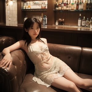 1girl, solo, ayumi
sitting on luxury sofa in bar, bar counter, grasses, bolltes
transparent, see-through lace tube dress,