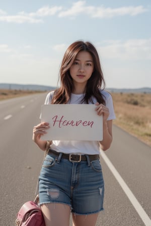 Photorealistic image of a female hitchhiker standing by the road, holding a sign reading "Heaven," casual outfit, natural lighting, wide-open road, warm tones, serene expression, Canon EOS R5, detailed textures, expansive sky, journey theme, commercial appeal.,shiho