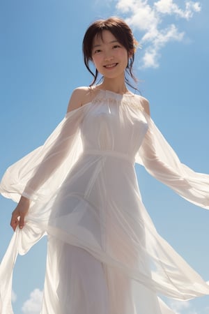 shiho, upper body, portrait
(transparent), see-through, random color gown
Ethereal and diaphanous, the gossamer fabric of the celestial maiden's gown cascades down her form,  The soft, billowing sleeves billow in the wind, creating an illusion of weightlessness and grace.
smile for caera,
various angle, random angle, dynamic posing
naked