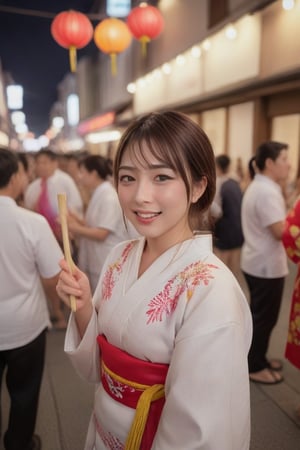 (night) , sfw , ((solo)) realistic photo of a woman, yukata, Lively festival atmosphere, bustling crowd, energetic woman wearing vibrant festival happi, shouting traditional chants, carrying heavy mikoshi shrine on shoulders with other participants, determined expression on face, sweat glistening on forehead, colorful decorations adorning mikoshi, rhythmic drumbeats and flute music in the background, sense of unity and excitement. (fireworks on the sky) smile for camera, bokeh, professional lighting,, Visually appealing composition, vibrant colors, soft lighting, interesting textures, unique perspective, sense of depth, balanced negative space., [:"Almost impassive, lips comfortably apart. Eyes faintly squinted, holding a secret. Cheeks with a hint of warmth.":0.3] mikas,
