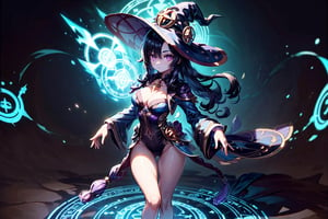 (((Standing in the middle of a magic circle lights around floating hair flying, invoking magic))), moonlight, (((long black-hair))), ((light purple eyes)), ((1 sexy girl)), large breasts, best quality, extremely detailed, HD, 8k, 1girl, background forest darkness with lights, mona_(genshin_impact), background high detailed, mona_(genshin_impact), with magic hat, witches_hat, hair highest detailed, flower and lefts around, loose hair, eyes detailed, eyes highest detailed, eyes perfect, face with detailed, face beautiful ,glitter,more detail, full_body, body complete , hands detailed