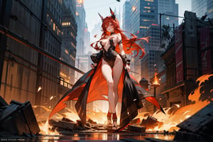 sweet girl, red hair, red eyes, suite black, sexy suite, perfect body, full body, long_hair, background high details, background city in ruins, fire particuls, atmosphere magic, naked_socks